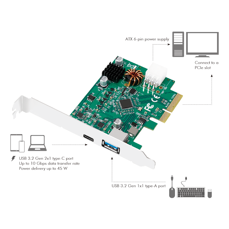 PCI Express Karte, USB 3.2 Gen2x1, 1x USB-C PD 3.0 & 1x USB 3.0