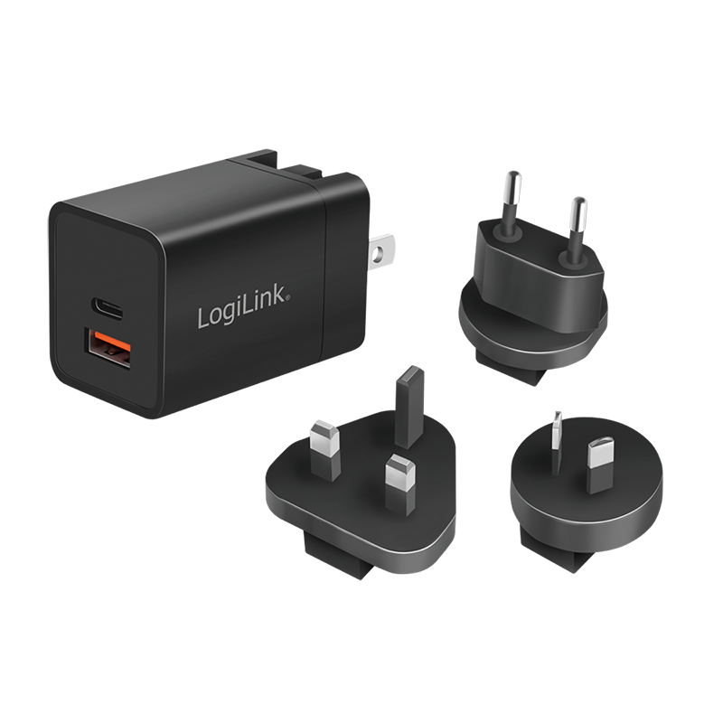 Dual-USB-Steckdosenreiseadapter, GaN, 1x USB-A, 1x USB-C, 30 W, schwarz