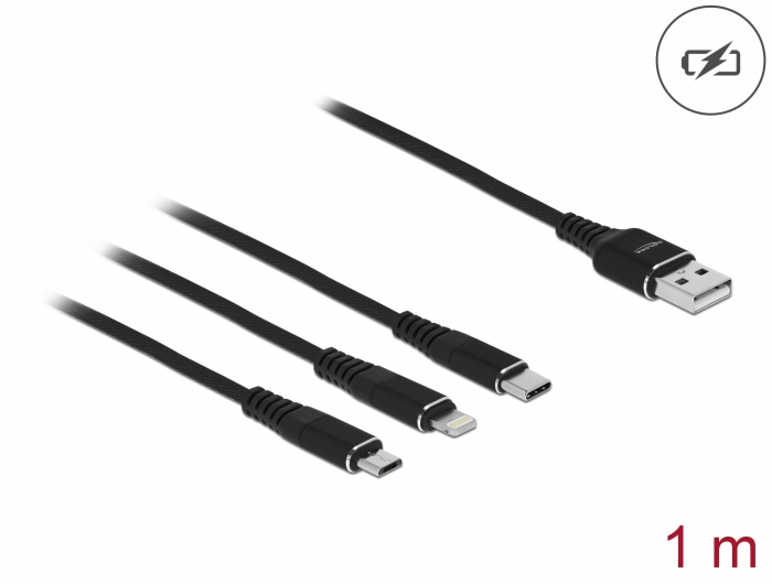 USB Ladekabel 3 in 1 für Lightning™ / Micro USB / USB Type-C™ 1 m schwarz, Delock® [87155]