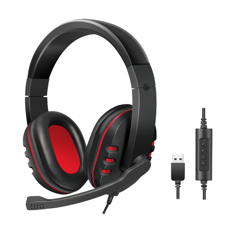 Stereo-Headset, 1x USB-A-Stecker, Bügelmikrofon, Gaming, schwarz/rot