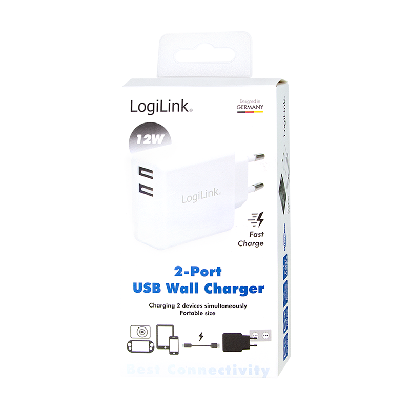 Dual-USB-Steckdosenadapter, 2x USB-A, 12 W, weiß
