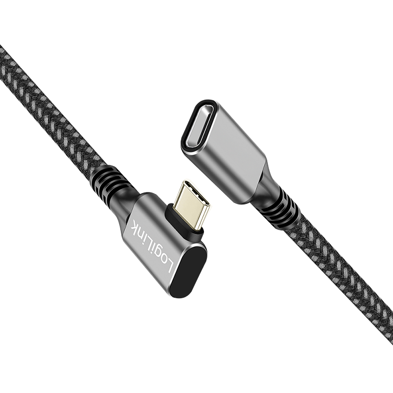 USB 3.2 Gen1 Type-C-Kabel, C/M 90° zu USB-C/F, PD, alu, schwarz/grau, 2 m