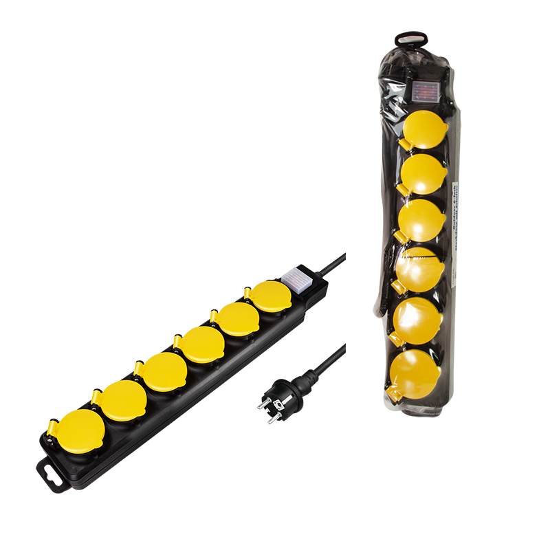 Steckdosenleiste 6-fach + Schalter, 6x CEE 7/3, Outdoor, 1,5 m, schwarz/gelb