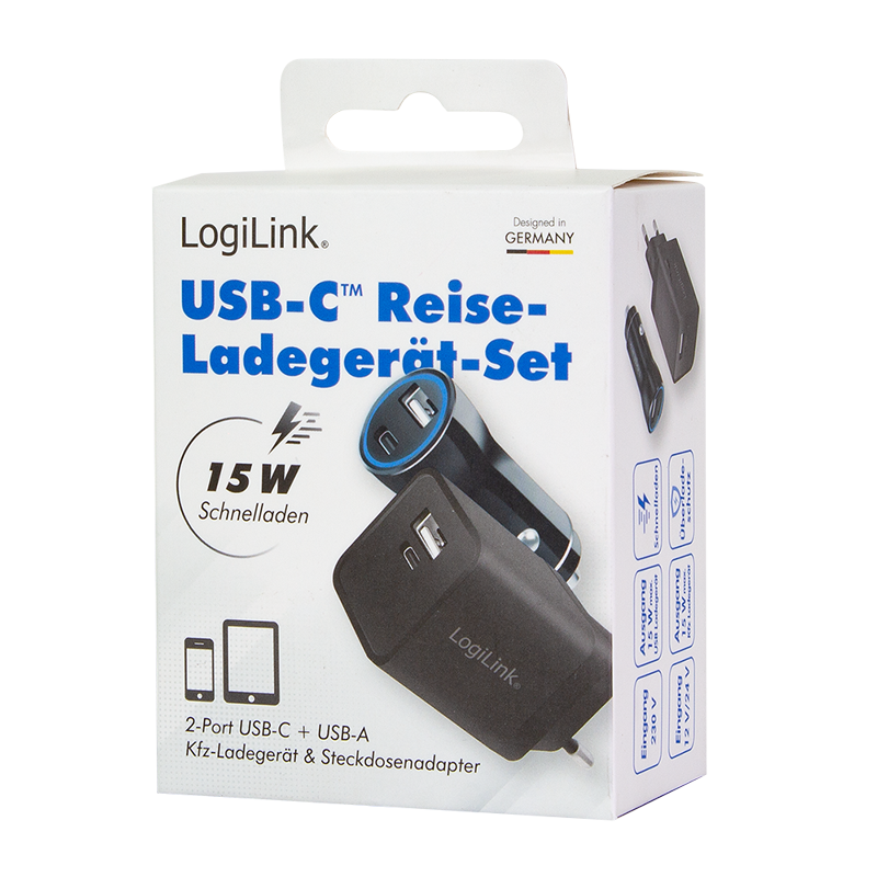 USB-Reise-Ladeset, Kfz- & Steckdosenadapter, je 1x USB-C, 1x USB-A, 15 W, schwarz