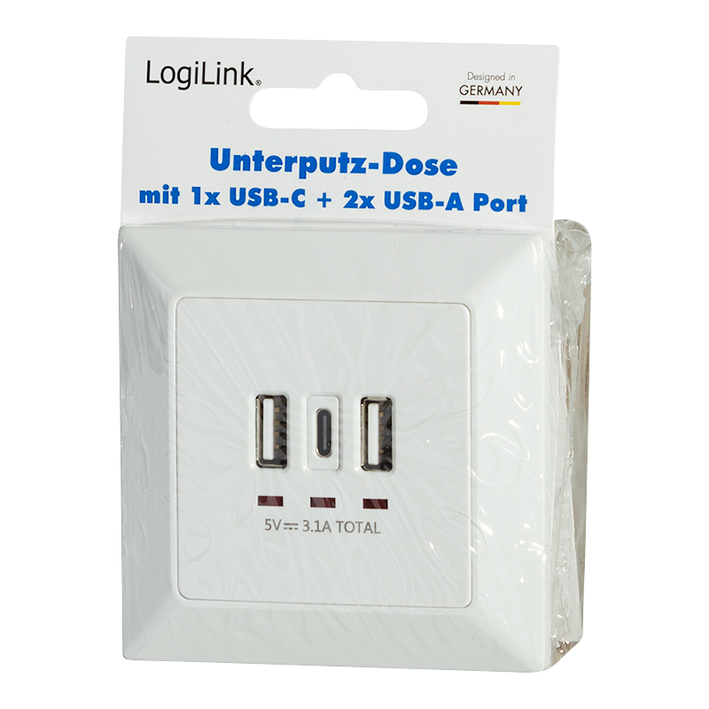 Unterputz-Steckdose, 2x USB-A, 1x USB-C