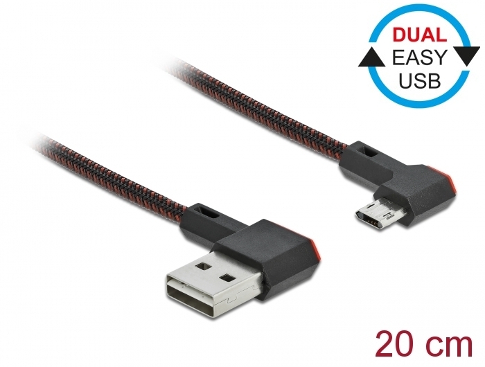 EASY-USB 2.0 Kabel Typ-A Stecker zu EASY-USB Typ Micro-B Stecker gewinkelt links / rechts 0,2 m schw