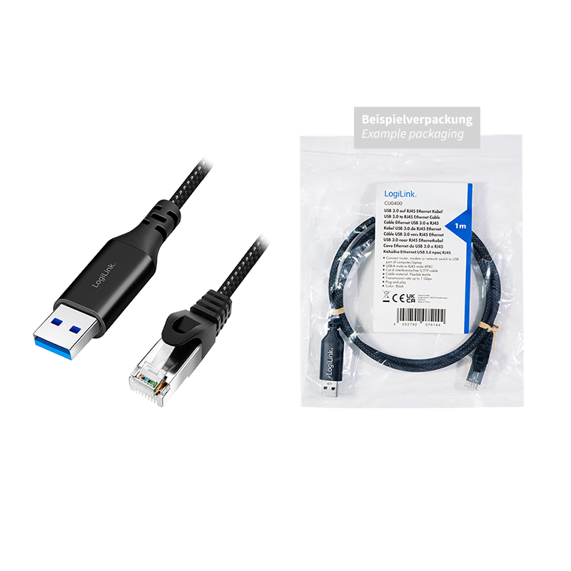 USB 3.0 Ethernet-Kabel, A/M zu RJ45/M, 1 Gbit/s, aktiv, schwarz/grau, 10 m
