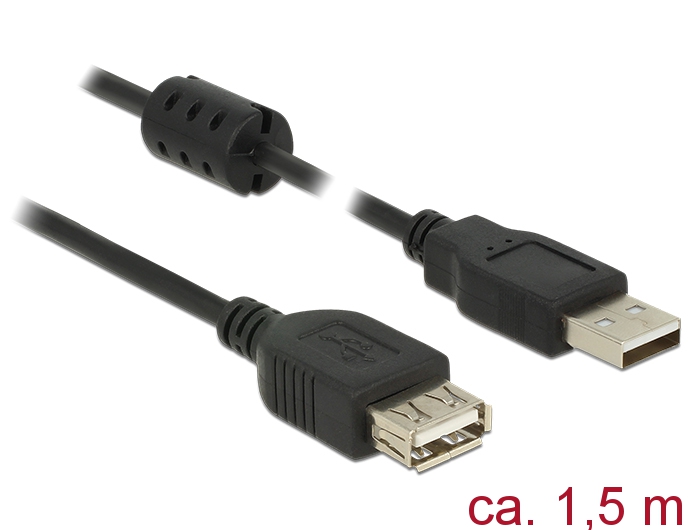 Verlängerungskabel USB 2.0 Typ-A Stecker an USB 2.0 Typ-A Buchse, schwarz, 1,5m, Delock® [84884]