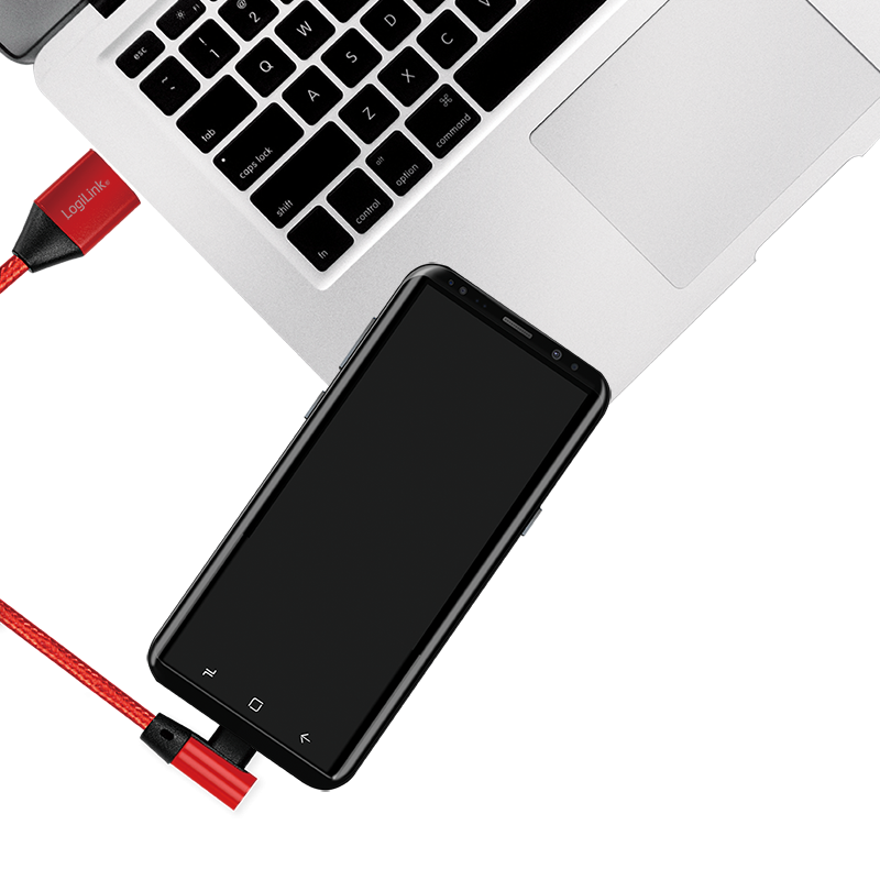 USB 2.0 Type-C Kabel, C/M (90°) zu USB-A/M, Stoff, rot, 1 m