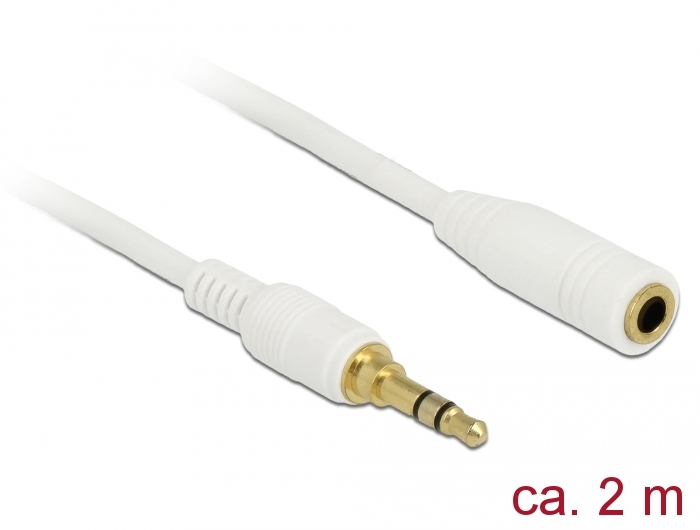 Klinkenverlängerungskabel 3,5 mm 3 Pin Stecker zu Buchse, weiß, 2m, Delock® [85579]
