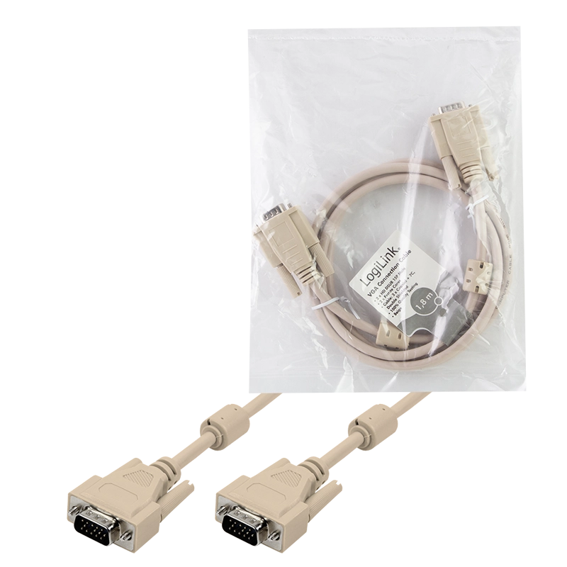 VGA-Kabel, HD15/M zu HD15/M, 1080p, 2x Ferrit, grau, 1,8 m