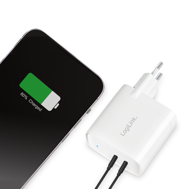 Dual-USB-Steckdosenadapter, GaN, 2x USB-C (PD), 40 W, weiß