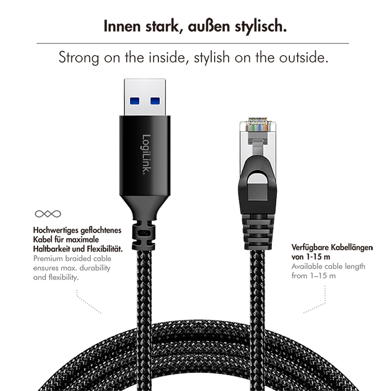 USB 3.0 Ethernet-Kabel, A/M zu RJ45/M, 1 Gbit/s, aktiv, schwarz/grau, 10 m