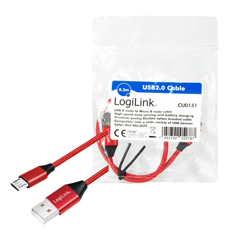 USB 2.0-Kabel, USB-A/M zu Micro-USB/M, Stoff, Metall, rot, 0,3 m