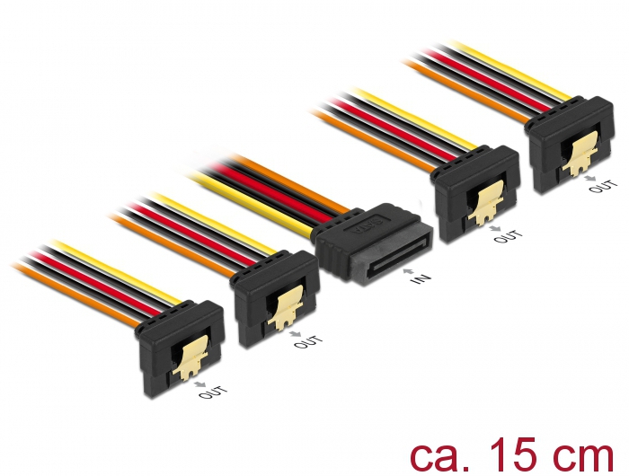 Kabel SATA 15 Pin Strom Stecker mit Einrastfunktion an SATA 15 Pin Strom Buchse 4 x unten 0,15 m, De