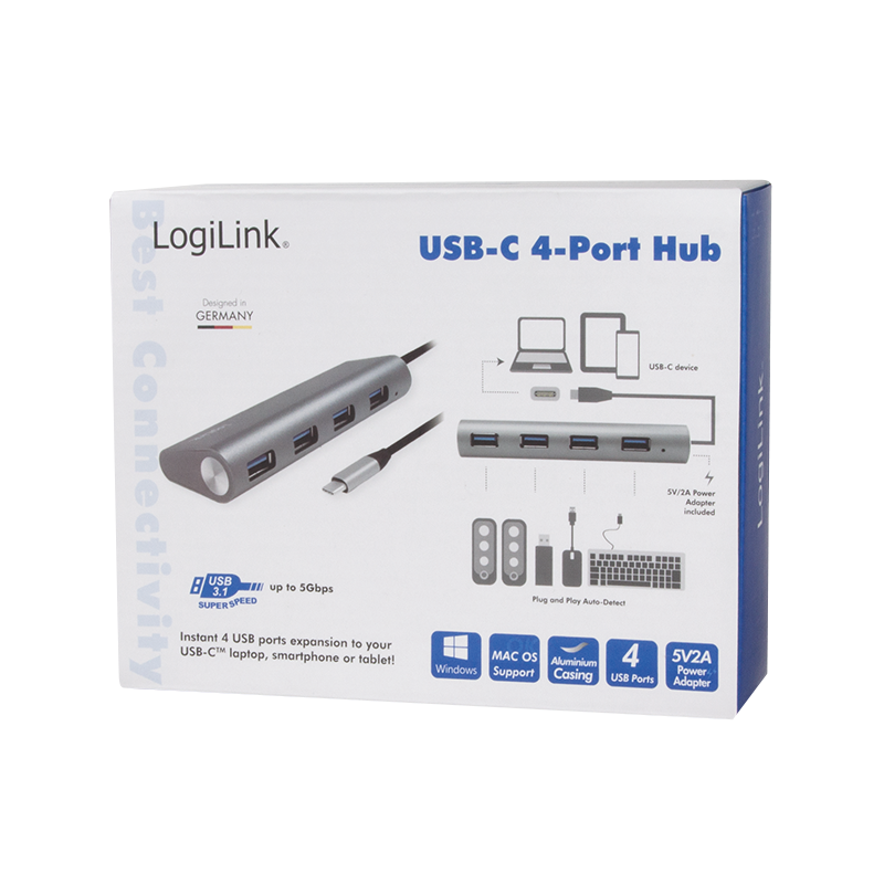 USB 3.2 Gen 1x1 USB-C 4-Port Hub, mit Aluminiumgehäuse