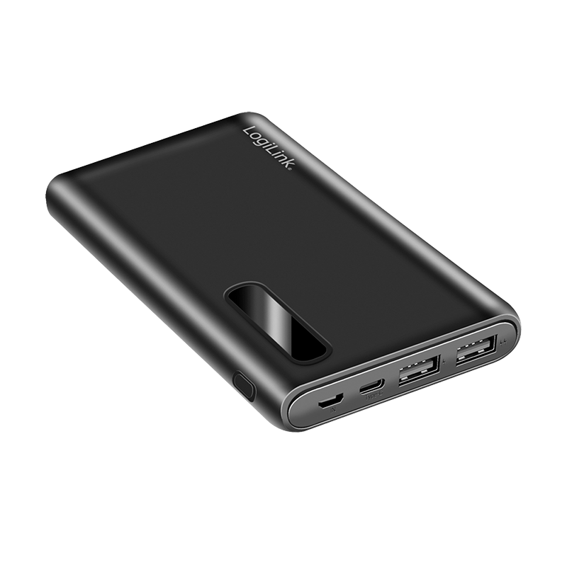 Powerbank 10000 mAh, 2x USB-A, 2-in-1 Kabel, mit Display, schwarz