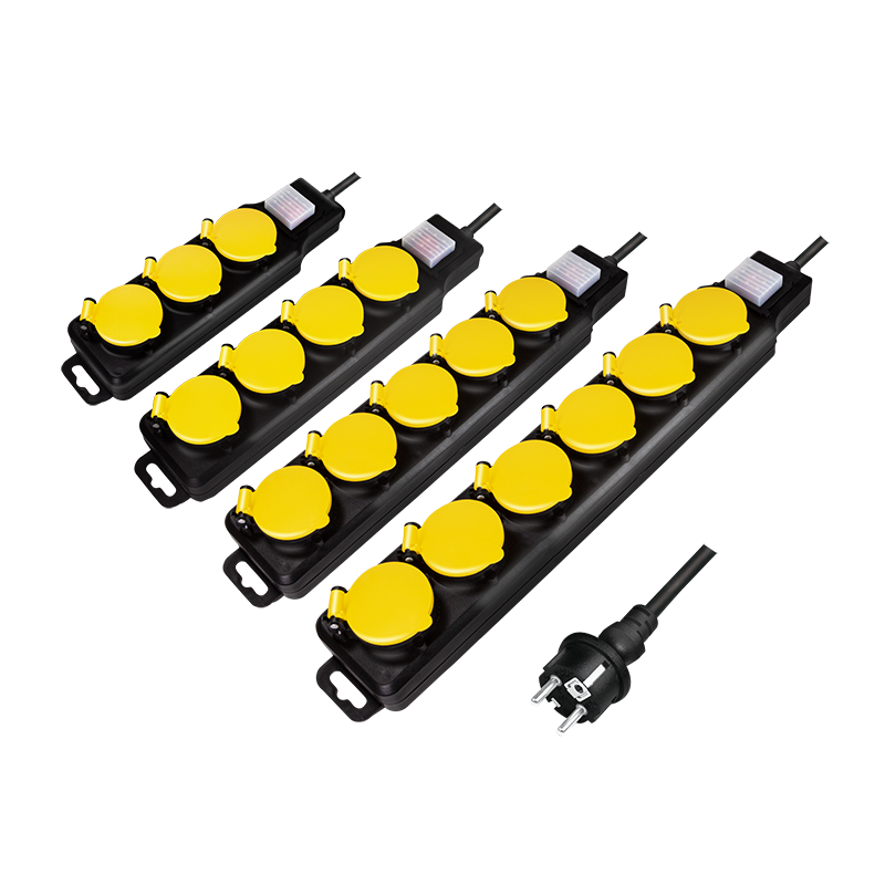 Steckdosenleiste 6-fach + Schalter, 6x CEE 7/3, Outdoor, 1,5 m, schwarz/gelb