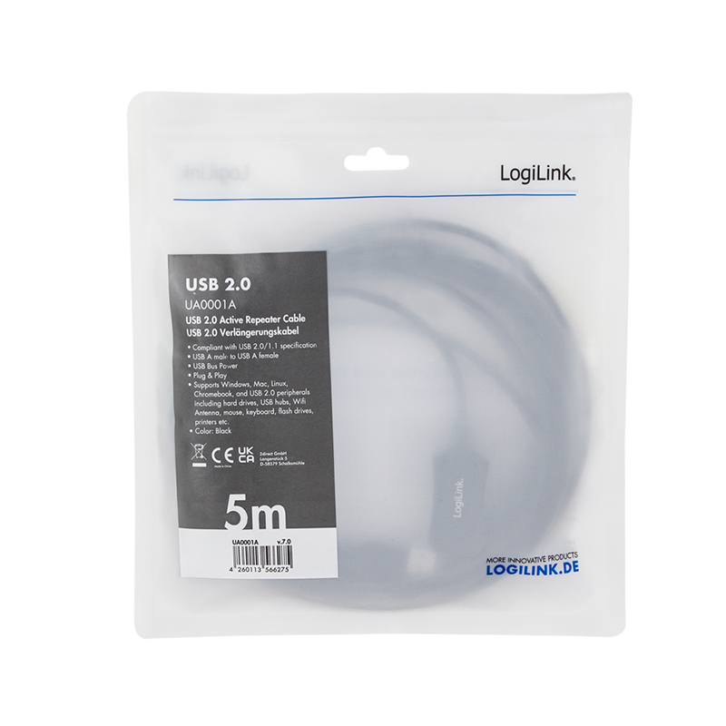USB 2.0-Kabel, USB-A/M zu USB-A/F, Verstärker, schwarz, 5 m