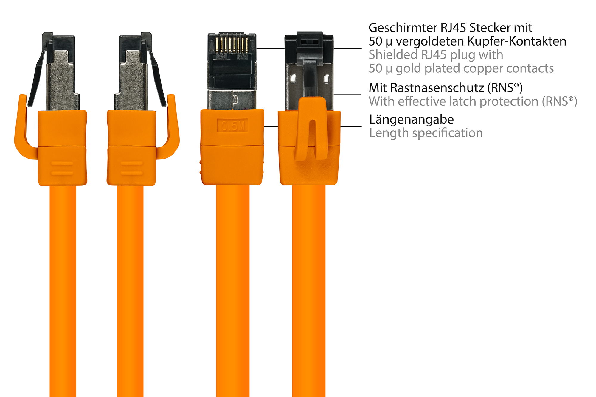 RNS® Patchkabel Cat. 8.1, S/FTP, PiMF, halogenfrei (LSZH), 2000MHz, 40Gbit/s, orange, 0,5m, Good Con