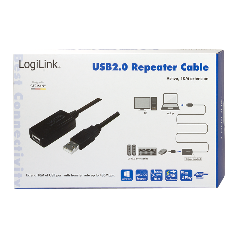 USB 2.0-Kabel, USB-A/M zu USB-A/F, Verstärker, schwarz, 10 m