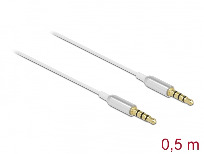 Klinkenkabel 3,5 mm 4 Pin Stecker zu Stecker Ultra Slim 0,5 m weiß, Delock® [66073]