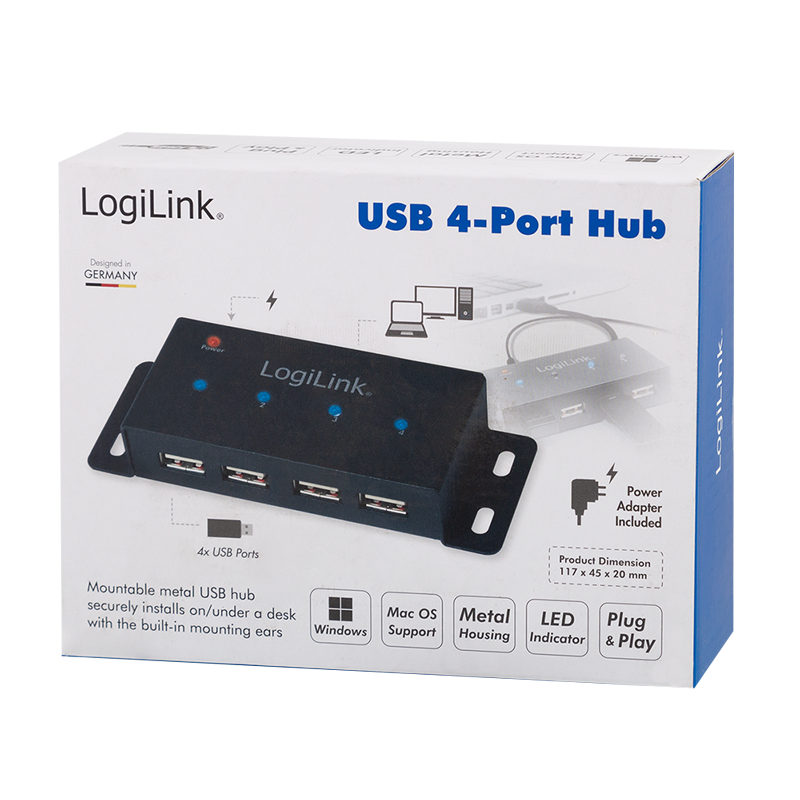 USB 2.0 Hub, 4-Port, Metall
