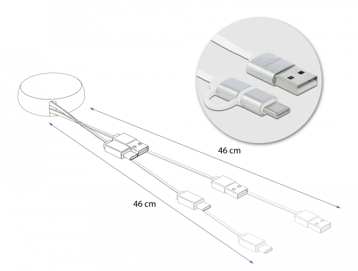 USB 2.0 2 in 1 Aufrollkabel Typ-A zu Micro-B und USB-C™ weiß / silber, Delock® [85821]