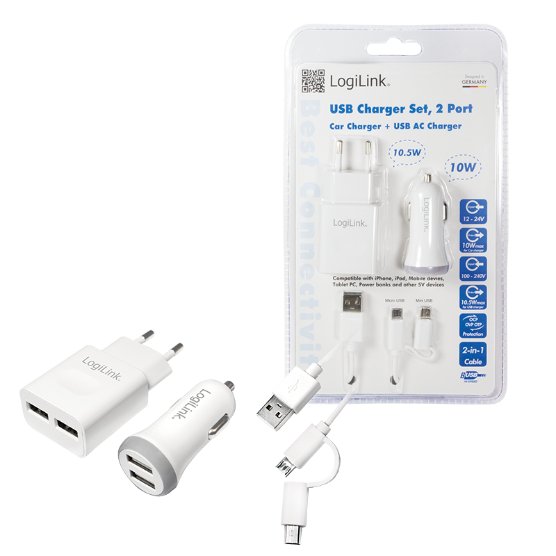 USB Ladeset, 1x Kfz Ladeadapter & 1x Steckdosenadapter mit je 2x USB Anschlüssen