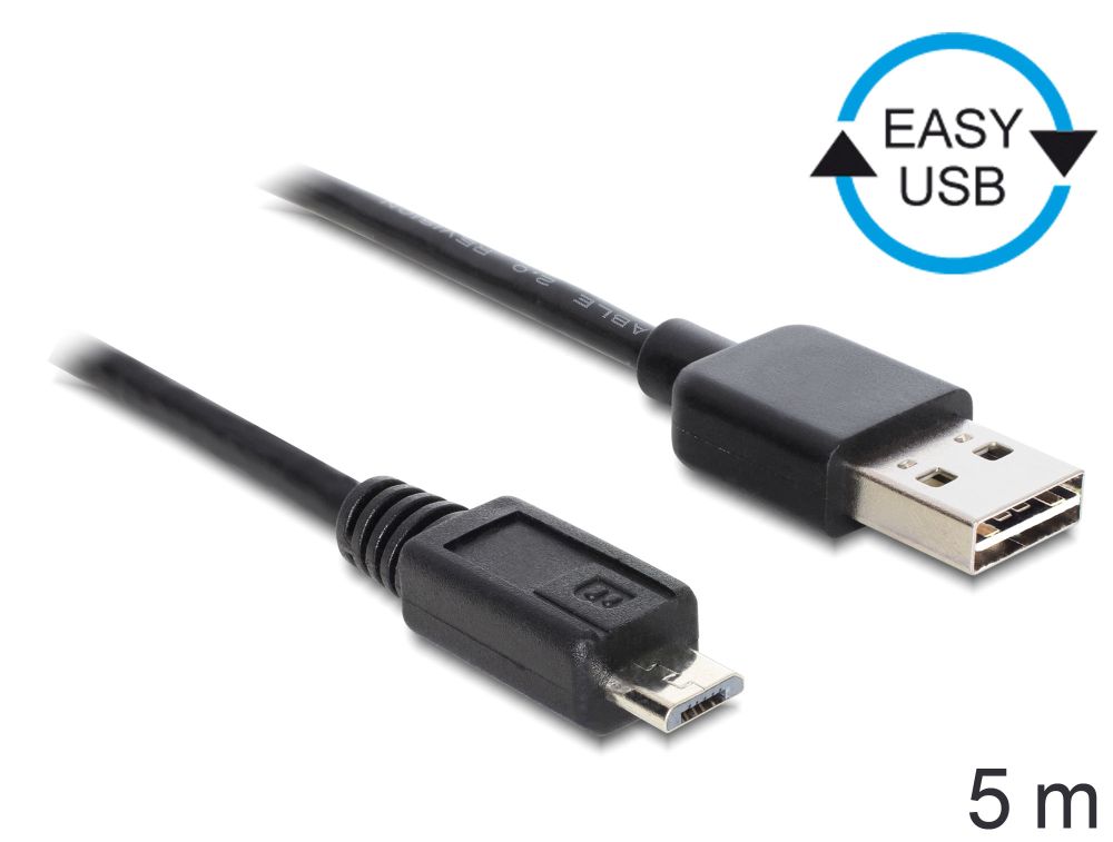 Anschlusskabel USB 2.0 EASY Stecker A an micro Stecker B, schwarz, 5m, Delock® [83369]