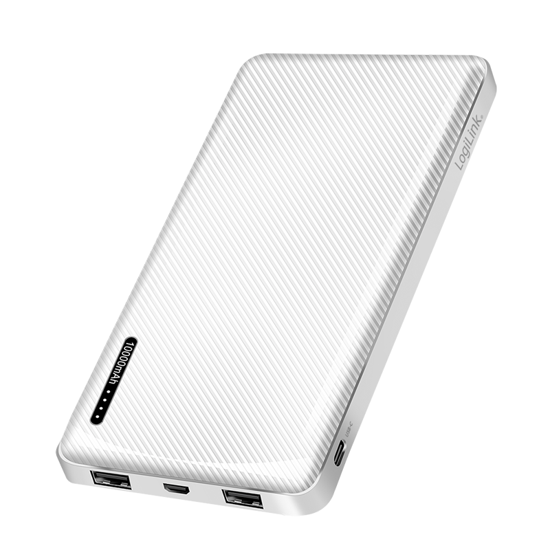 Powerbank 10000 mAh, 2x USB-A, USB-C, micro-USB, mit Schnellladenfunktion, weiß