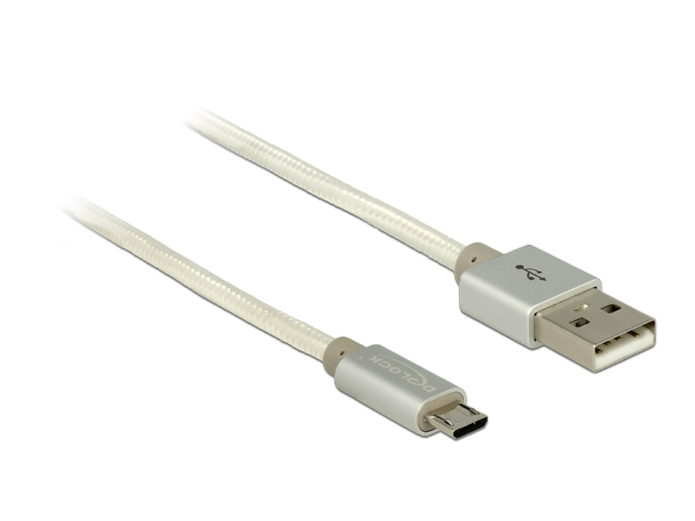 Anschlusskabel USB 2.0 A Stecker an USB 2.0 Micro B Stecker mit Textilummantelung, weiß, 1m, Delock®