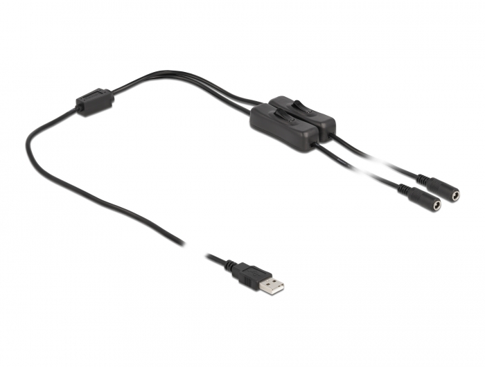 Kabel USB Typ-A Stecker zu 2 x DC 5,5 x 2,1 mm Buchse mit Schalter 1 m, Delock® [86797]