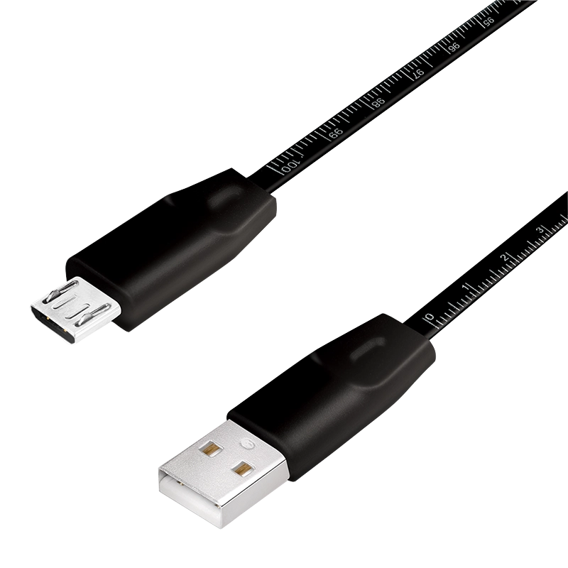 USB 2.0-Kabel, USB-A/M zu Micro-USB/M, mit Metermaß, schwarz, 1 m